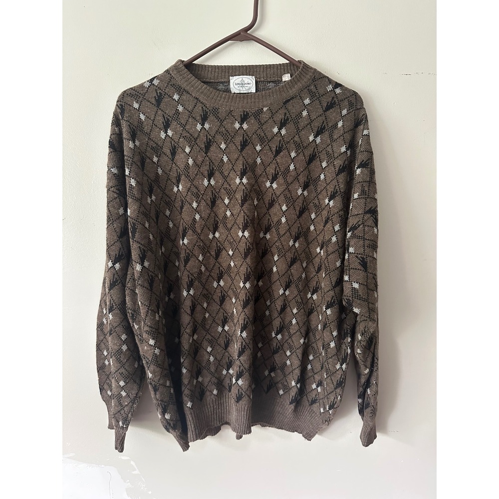 Vintage Linea Uomo Brown Argyle Wool Blend Sweater Made in Italy Mens XL